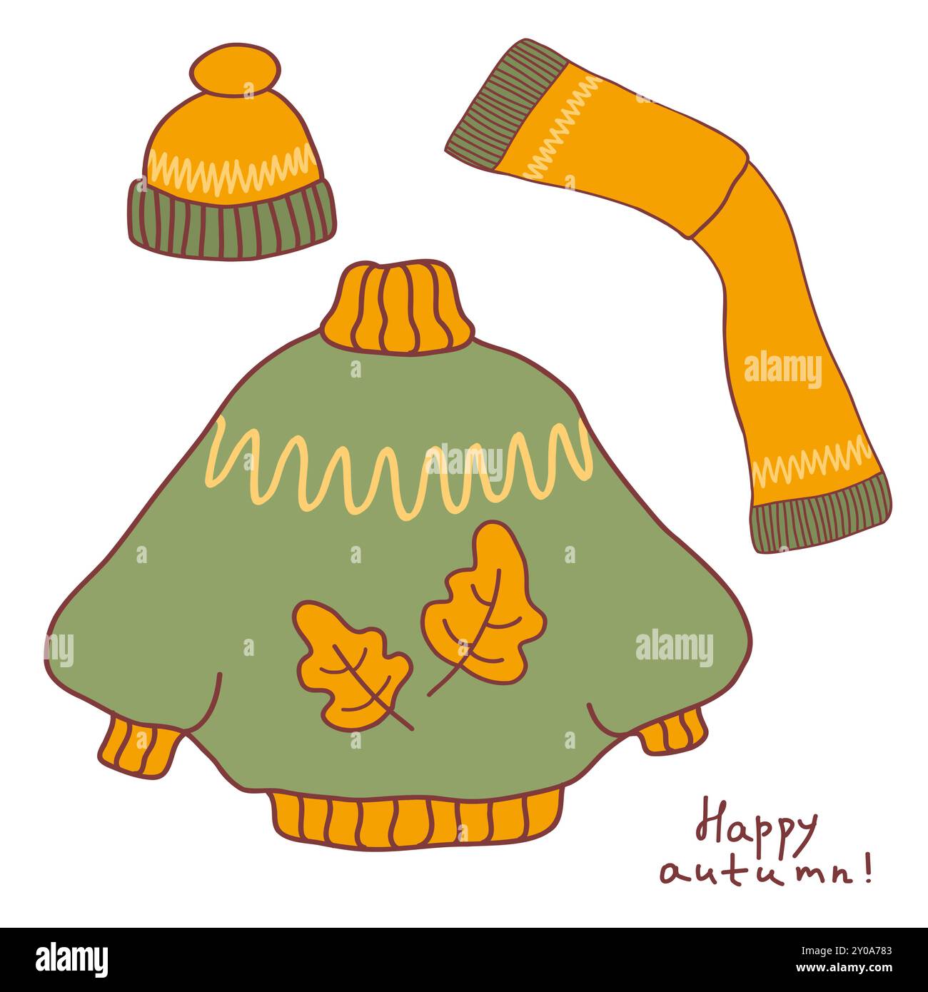 Confortable conception de vêtements d'automne avec un pull chaud, une écharpe et un chapeau orné de feuilles dans des couleurs gaies Illustration de Vecteur