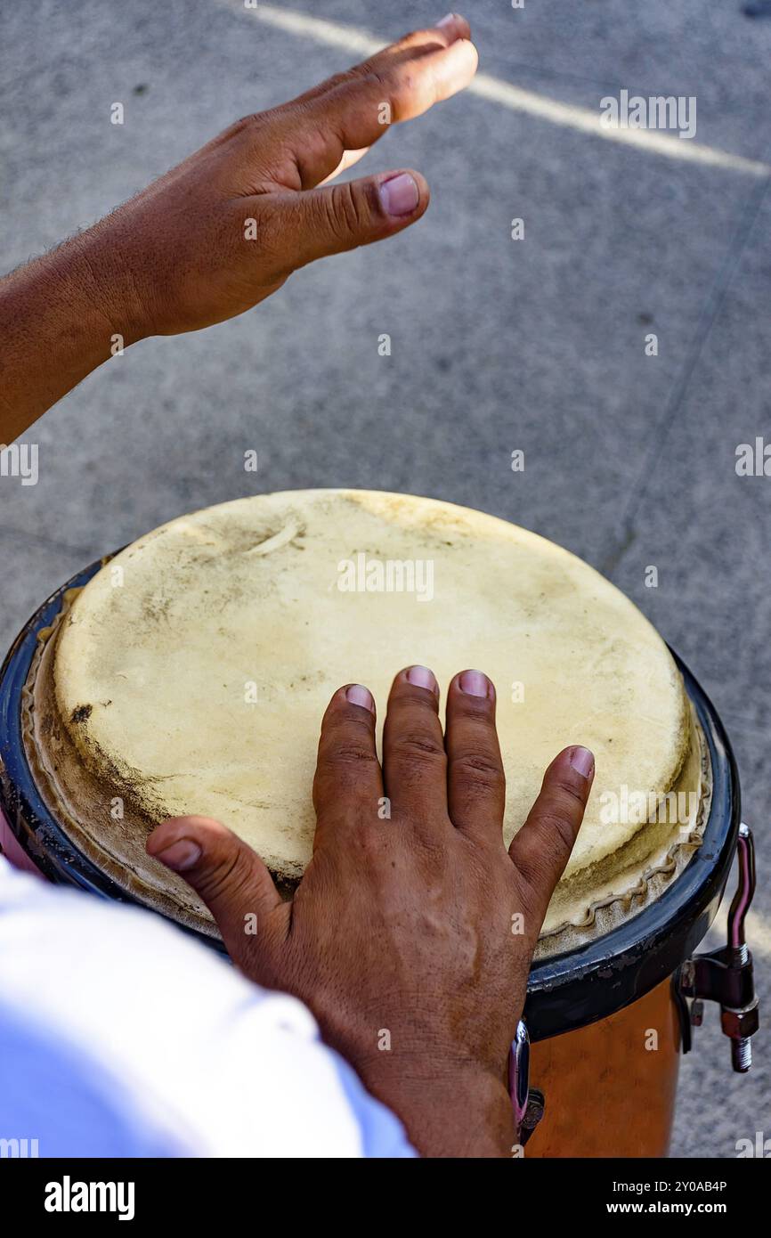 Joueur de tambour à l'atabaque lors de la présentation de la musique afro à la veille du carnaval brésilien Banque D'Images