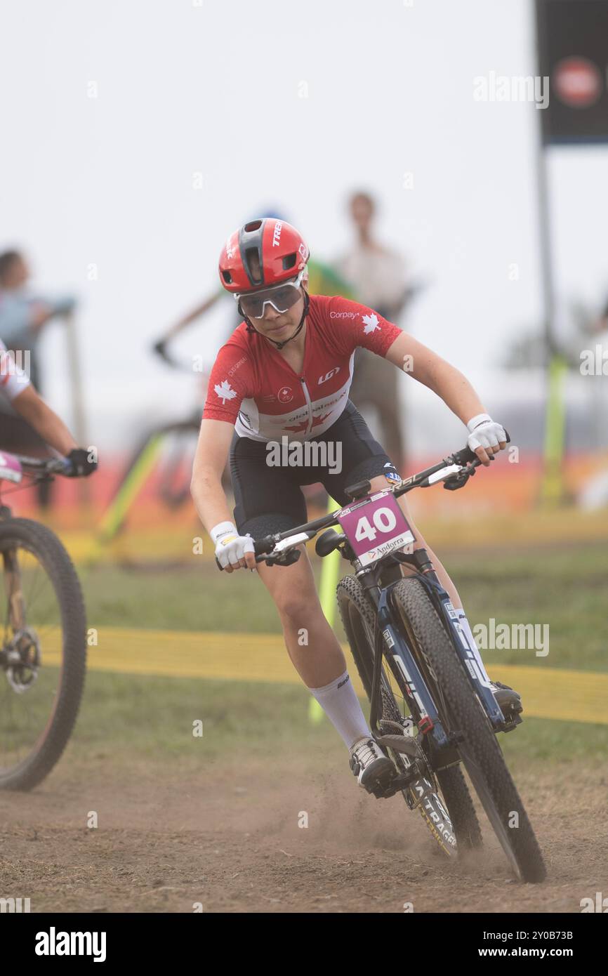 PAL Arinsal, Andorre : 1 septembre 2024 : Ava Holmgren du Canada aux Championnats du monde de vélo de montagne UCI femmes de moins de 23 ans Andorre 2024 sur septemebe Banque D'Images