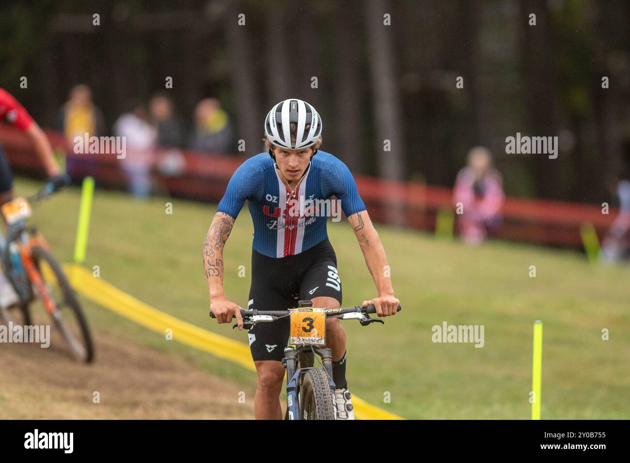 PAL Arinsal, Andorre : 1 septembre 2024 : Bjorn Riley des Etats-Unis dans les Championnats du monde de VTT UCI hommes de moins de 23 ans course Andorre 2024 sur Septemeber Banque D'Images