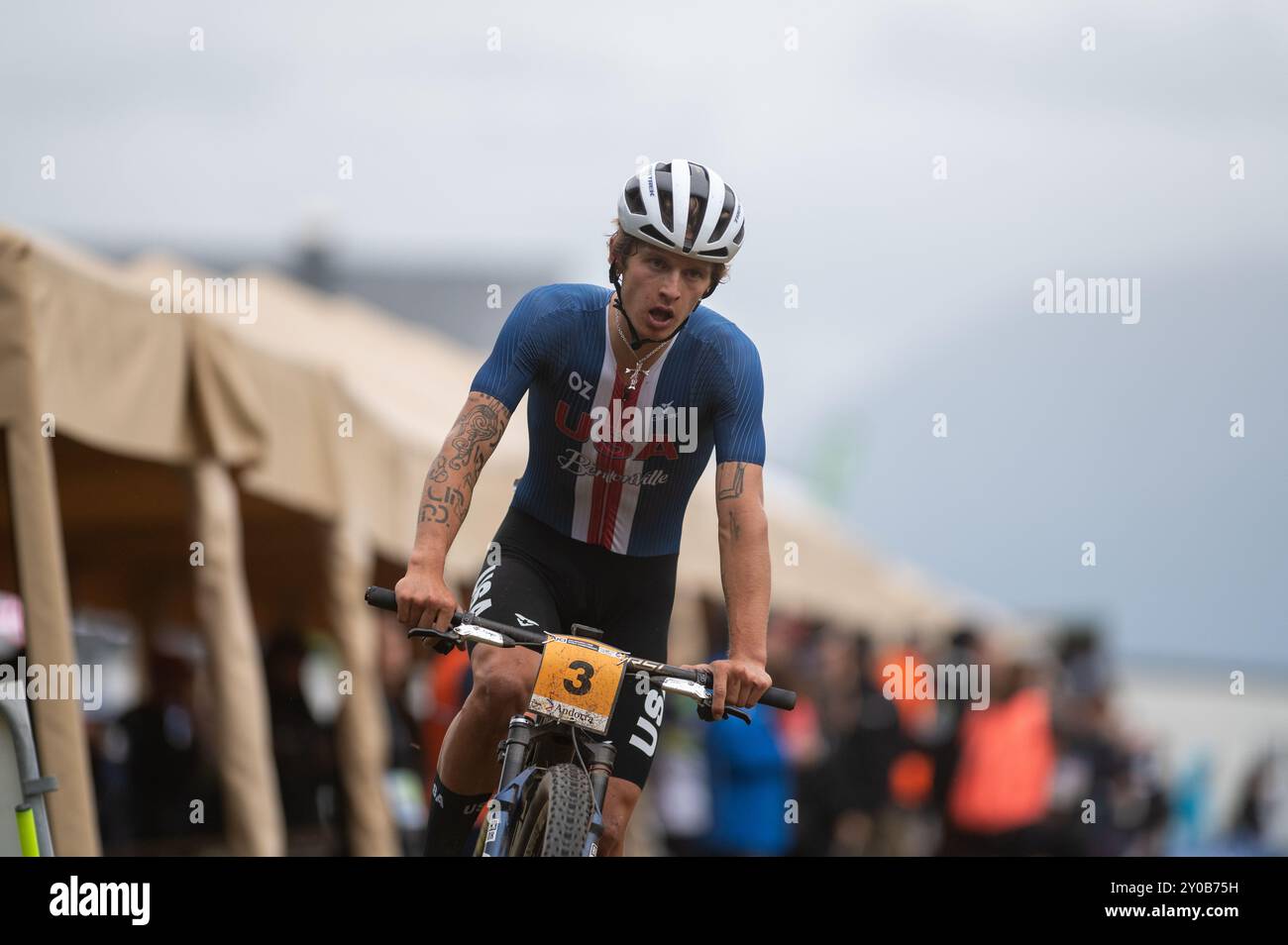 PAL Arinsal, Andorre : 1 septembre 2024 : Bjorn Riley des Etats-Unis dans les Championnats du monde de VTT UCI hommes de moins de 23 ans course Andorre 2024 sur Septemeber Banque D'Images