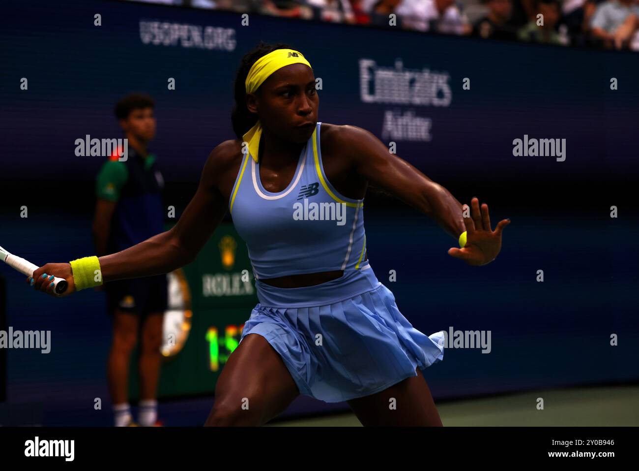 01 septembre 2024, Flushing Meadows, US Open : le numéro trois américain, Coco Gauff lors de sa quatrième défaite face à la compatriote Emma Navarro à l'US Open aujourd'hui. Banque D'Images