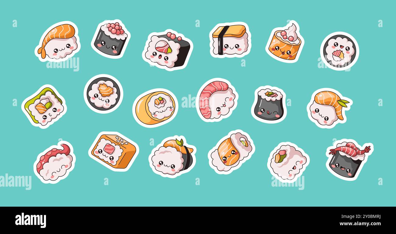 Joli Kawaii rouleaux de sushi heureux faces plat illustration vectorielle pack autocollant. Cuisine traditionnelle japonaise de fruits de mer icônes colorées sur backgrou vert Illustration de Vecteur