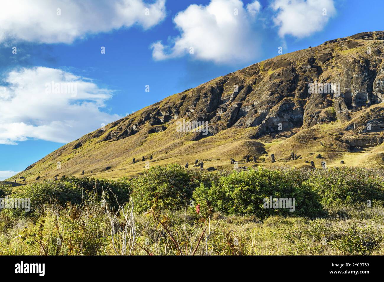 Carrière de moais à Rano Raraku dans le parc national de Rapa Nui sur l'île de Pâques, Chili, Amérique du Sud Banque D'Images