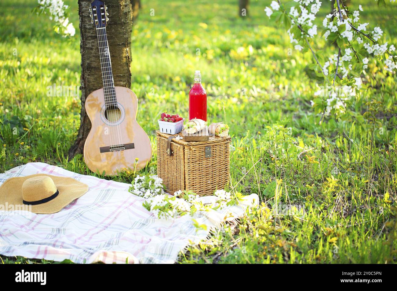 Guitare, panier, sandwichs, plaid et jus dans un jardin en fleurs. Vintage background d'offres. La romance, l'amour, la date Banque D'Images