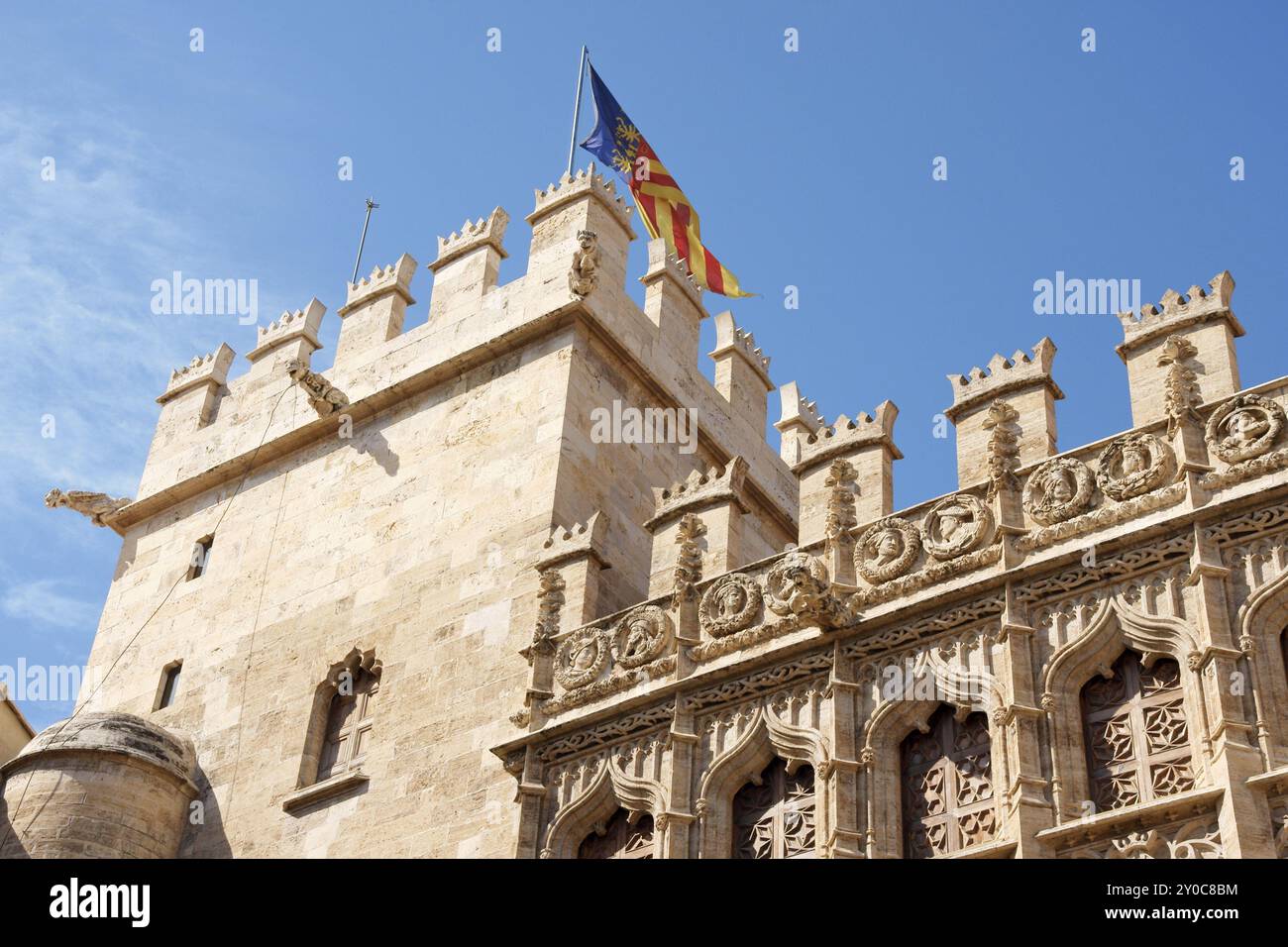 Détail de la Lonja de la Seda (Bourse du commerce de la soie) à Valence, Espagne. Ce petit complexe de bâtiments gothiques tardifs, à l'origine, était utilisé pour le commerce de sil Banque D'Images