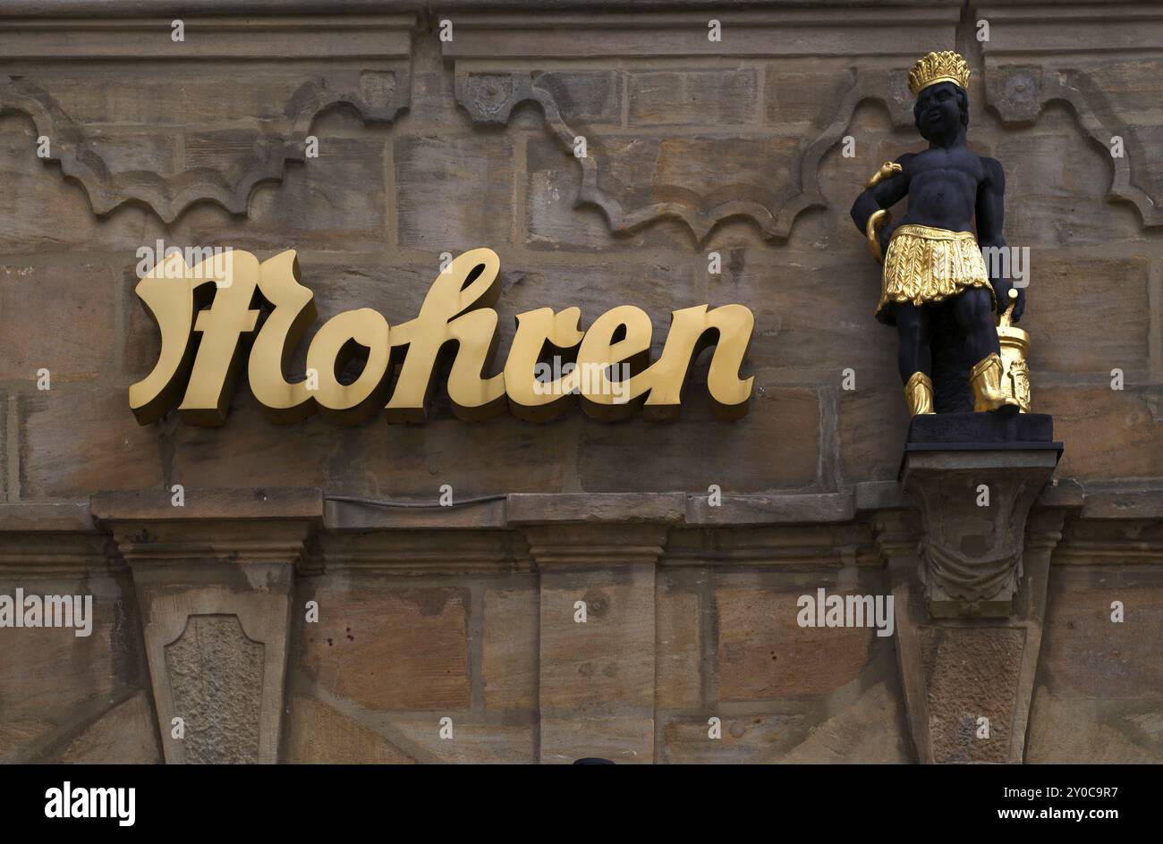 Lettrage Mohren, maison Mohren, figure, statue, boutique de produits de luxe, marché aux fruits, Bamberg, haute-Franconie, Bavière, Allemagne, Europe Banque D'Images