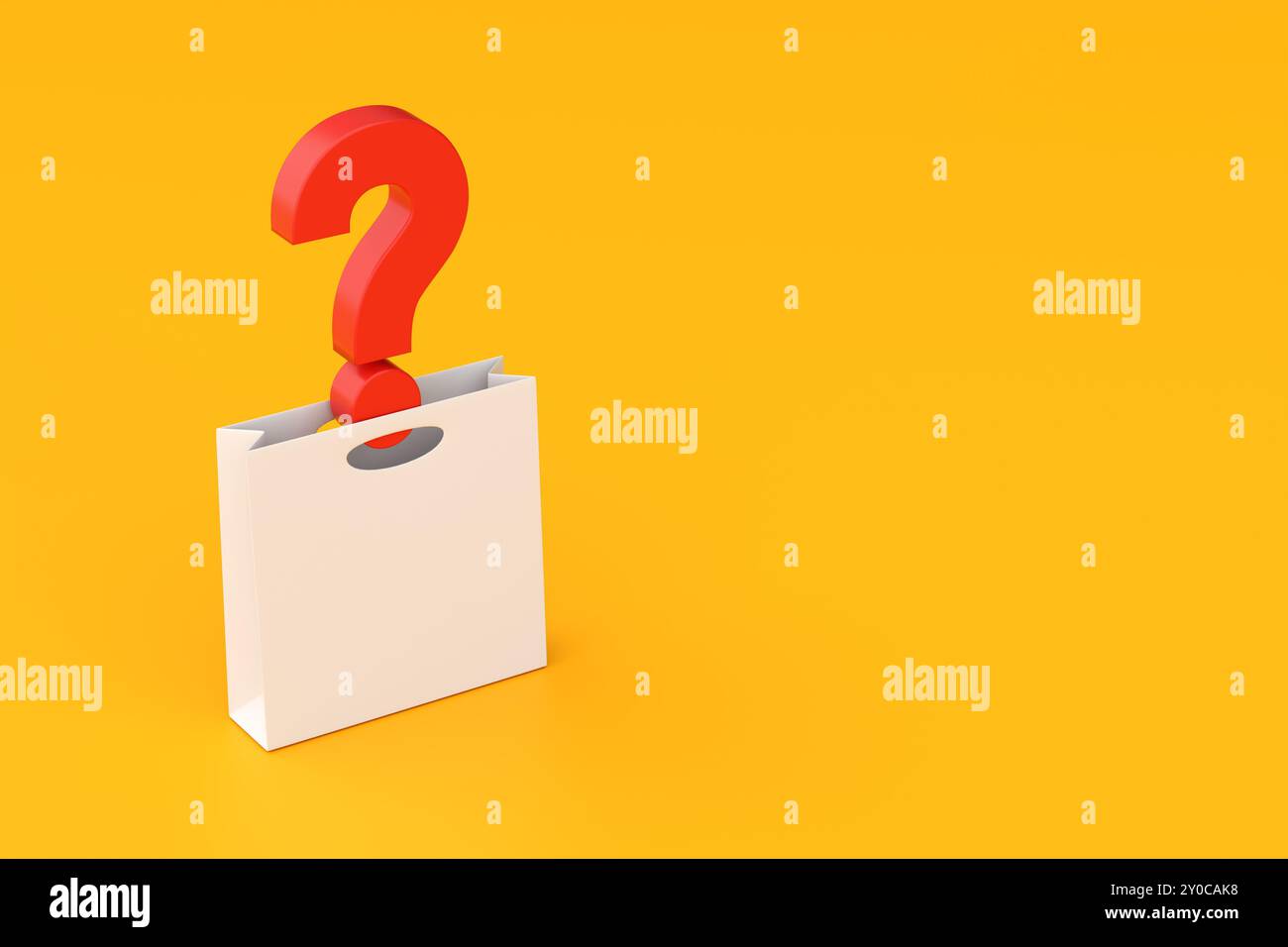 Shopping surprise et cadeau. rendu 3d d'un point d'interrogation rouge sortant d'un sac à provisions blanc sur fond jaune avec espace copie. Banque D'Images