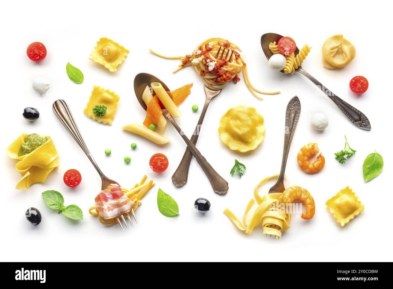 Fourchettes à pâtes diverses. Spaghetti, fusilli, penne et autres formes de pâtes, avec sauce, plan de pose suspendu plan sur un fond blanc. Bolognese, Carbona Banque D'Images