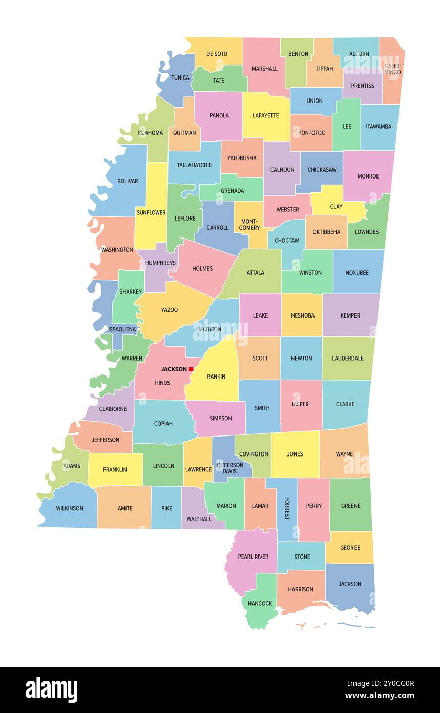 Mississippi, État américain, subdivisé en 82 comtés, carte politique multicolore avec la capitale Jackson, les frontières et les noms des comtés. Banque D'Images