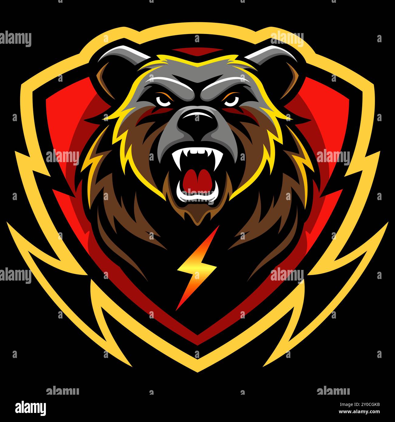 Un logo d'ours grizzly et une icône de tonnerre sur un bouclier, un badge, une mascotte. utilisez pour la décoration un logo d'équipe de basket-ball, une équipe de football ou une équipe sportive. Illustration de Vecteur