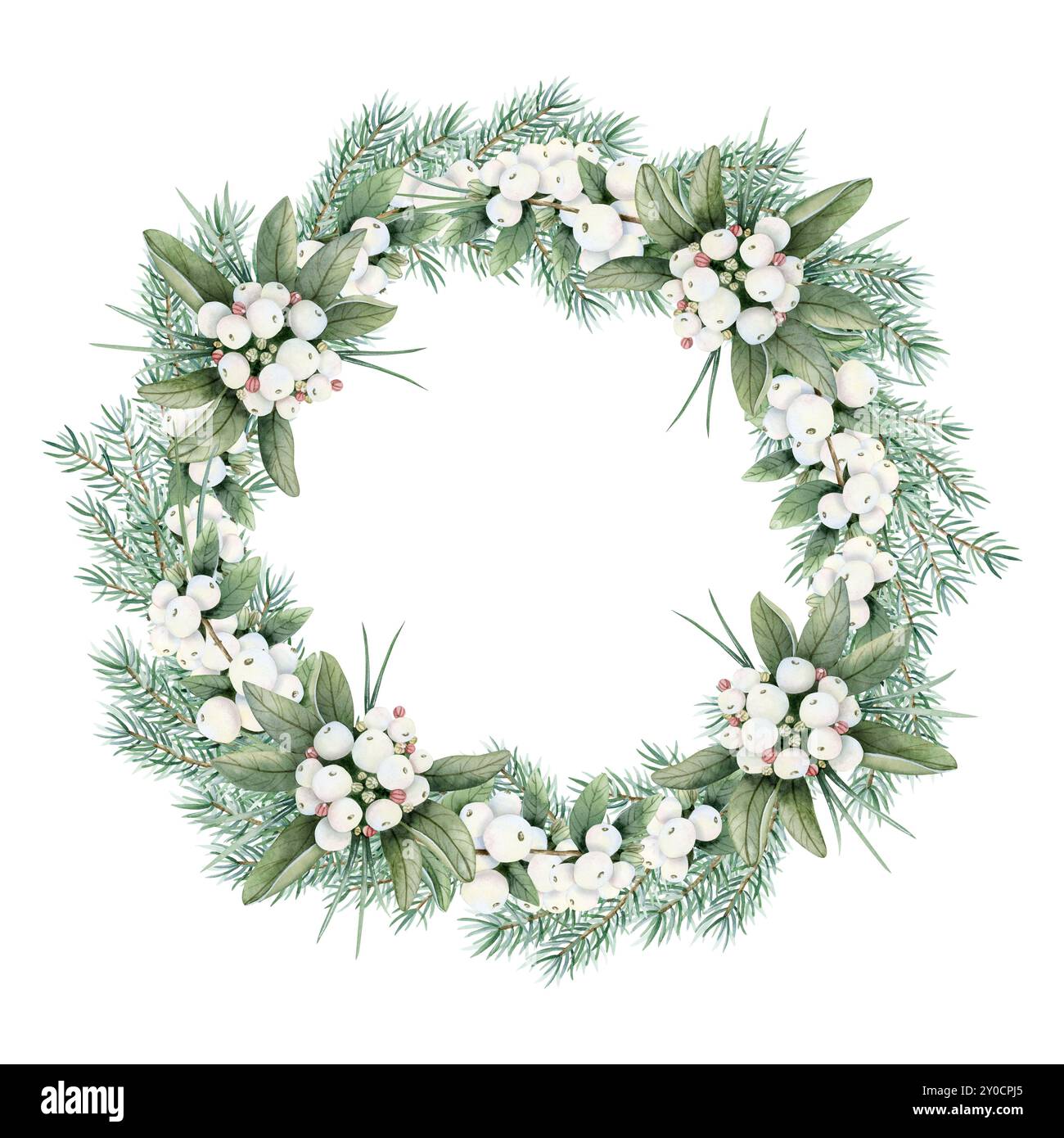 Couronne de sapin de Noël avec branches de sapin et illustration aquarelle de baies blanches de neige. Cadre rond dessiné à la main Banque D'Images