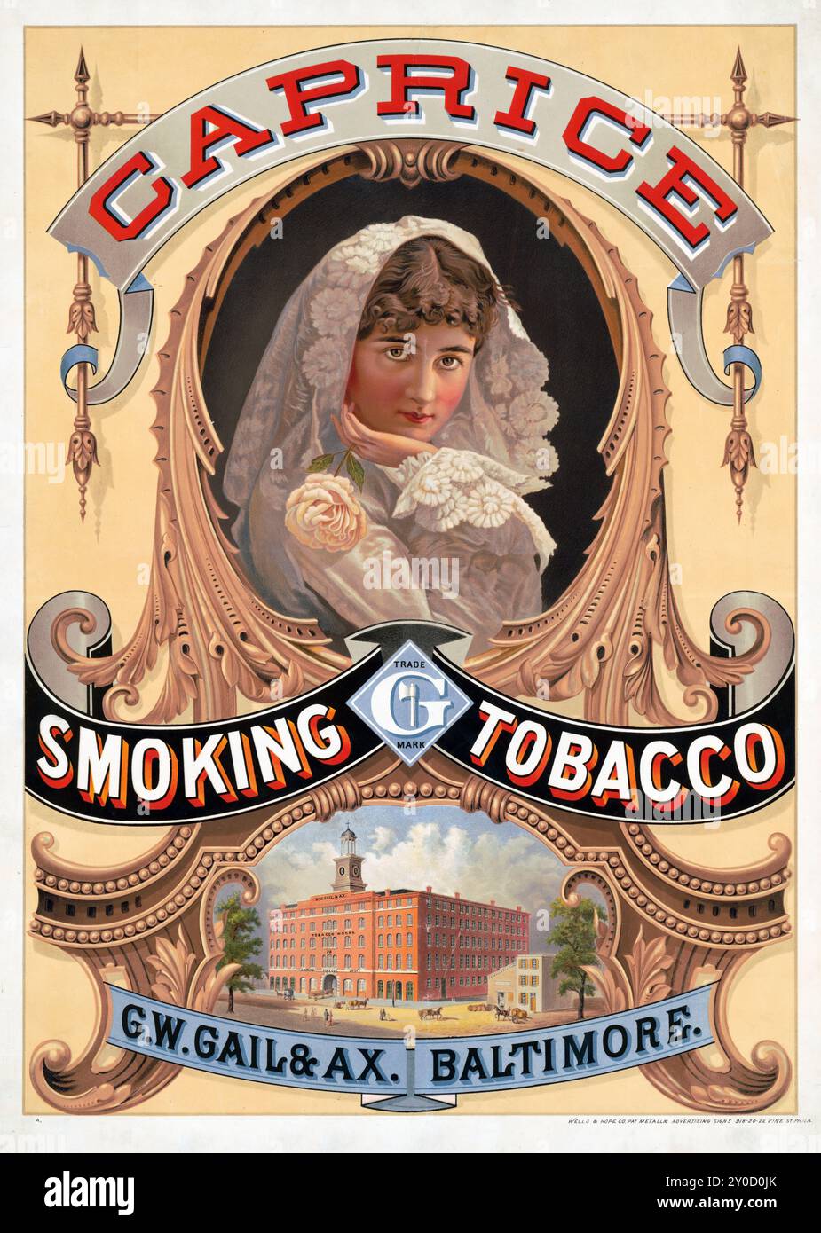 Caprice Smoking Tobacco, G.W. Gail & Ax., Baltimore - Vintage antique publicité feat a Woman, usine de tabac illustrée ci-dessous - Philadelphie c 1 Banque D'Images