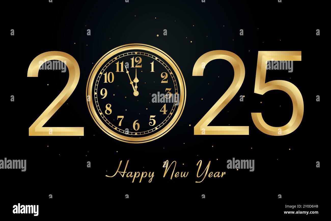 Vecteur luxueux de bonne année 2025 avec horloge dorée et élégant fond noir. Convient pour carte de voeux, bannière, affiche, modèle etc Illustration de Vecteur