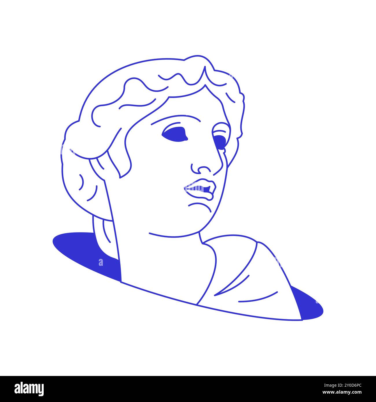 Y2K antique Dieu sculpture buste dans le trou contemporain pop art line icône vecteur plat illustration. Monument psychédélique de tête masculine se cachant dans le cercle abstra Illustration de Vecteur