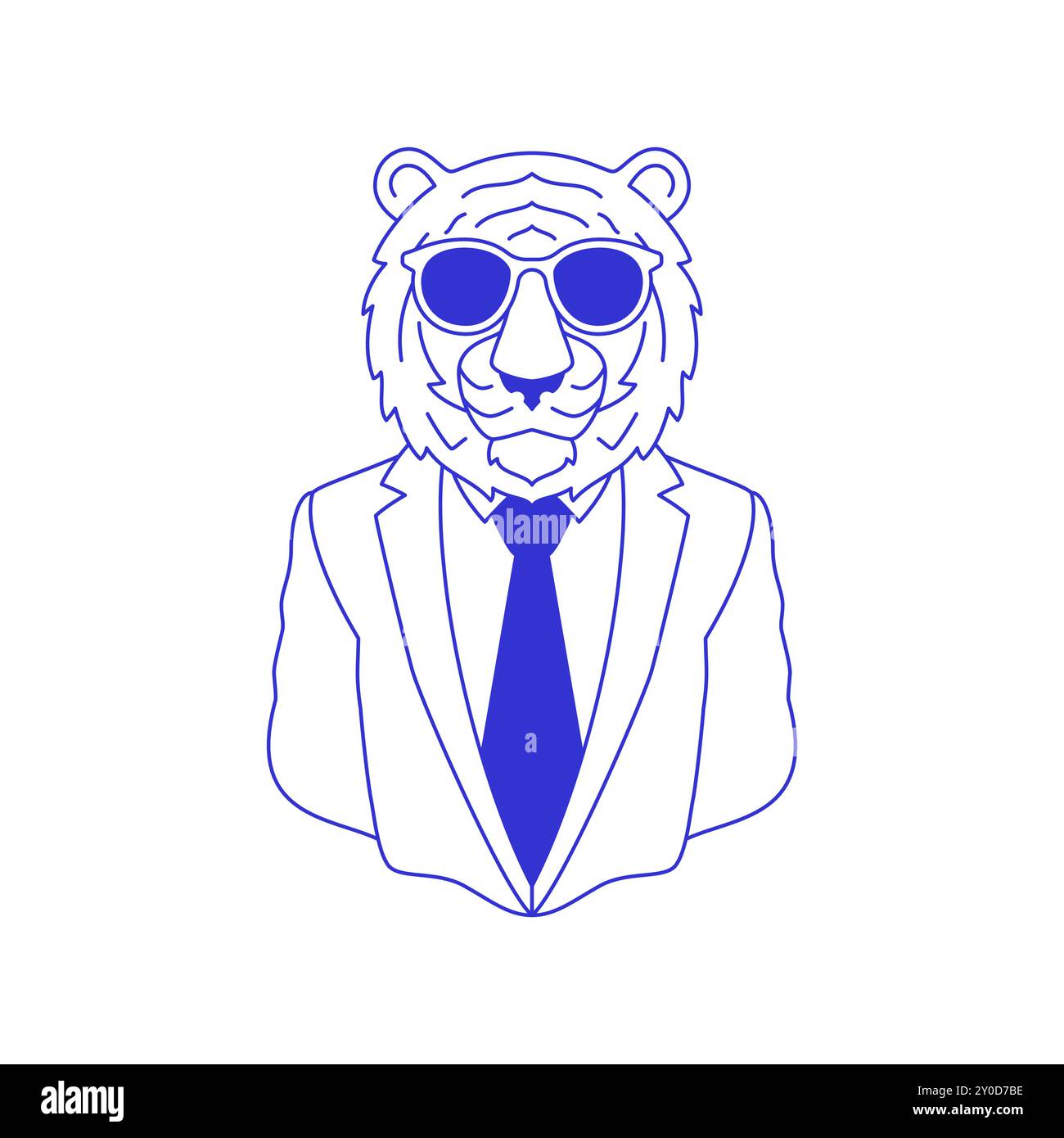 Y2K homme d'affaires tigre de mode dans des lunettes de soleil comique stylo encre ligne pop art icône vecteur plat illustration. Animal puissant félin sauvage psychédélique surréaliste Illustration de Vecteur