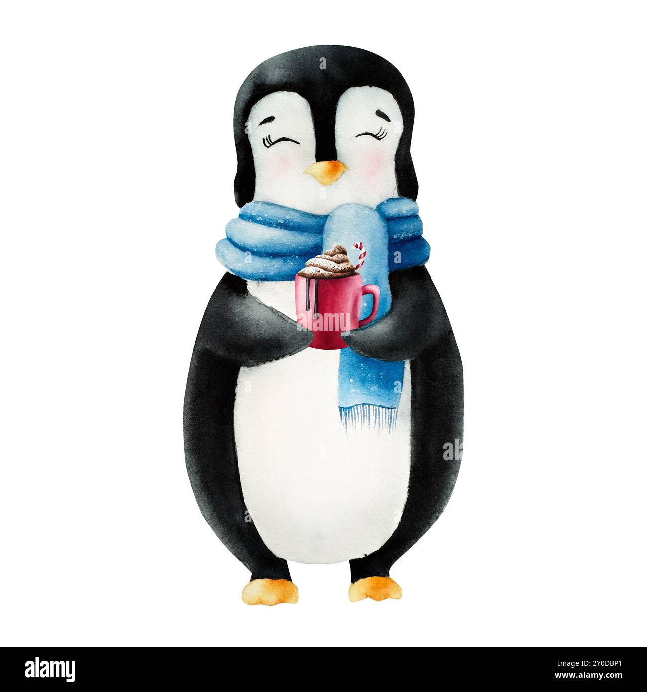 Mignon pingouin souriant portant une écharpe bleue prenez tasse de cacao de Noël, café à la crème fouettée et une canne de bonbons. Mug rouge hiver, bel animal, eau Banque D'Images