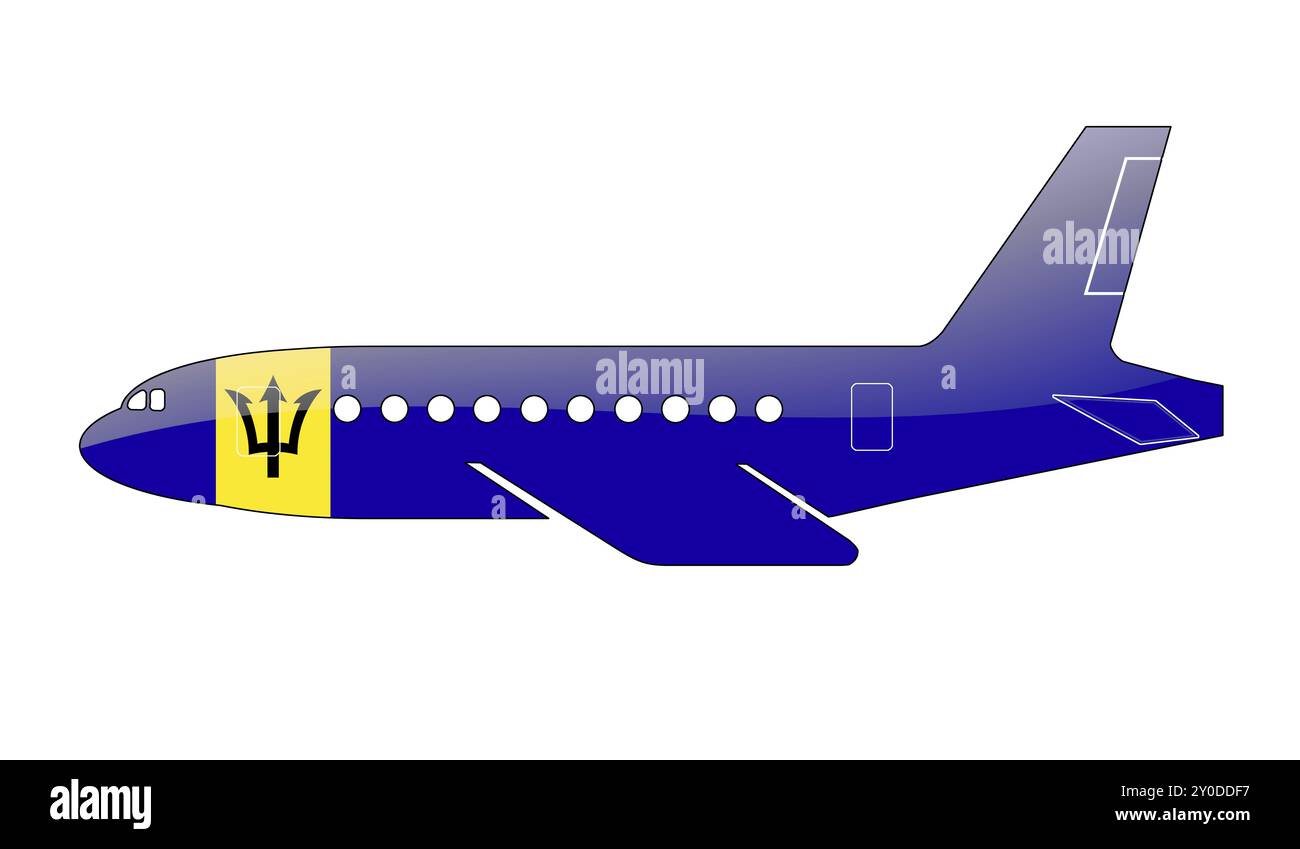 Le drapeau de la Barbade peint sur la silhouette d'un avion. illustration brillante Banque D'Images