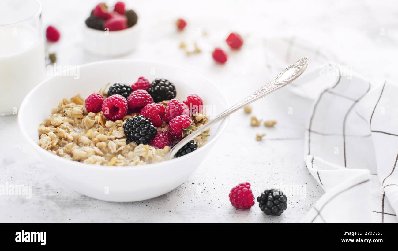 Petit déjeuner sain le matin, bol blanc rempli de granola, muesli, framboise, mûre sur table en béton gris. Alimentation saine, ECO, bio concept alimentaire. Banque D'Images