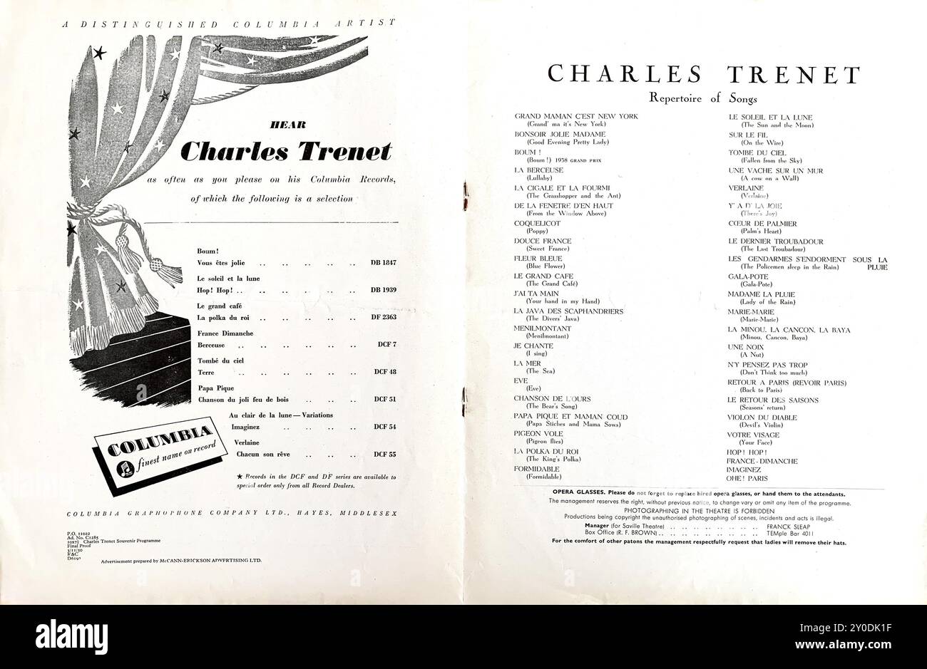 Columbia Records annonce et répertoire de chansons interprétées par CHARLES TRENET lors de son apparition au Saville Theatre, Shaftesbury Avenue, Londres dans un one man show CHANSONS et CONFIDENCES en novembre 1950 Banque D'Images