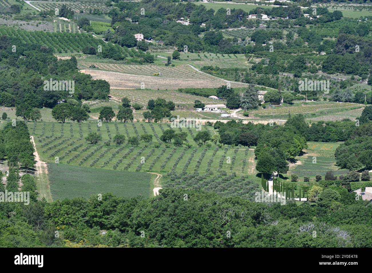 Panorama ou vue panoramique sur la campagne, les terres agricoles et les motifs des champs, la plaine de Calavon, le Parc régional du Luberon Vaucluse Provence France Banque D'Images