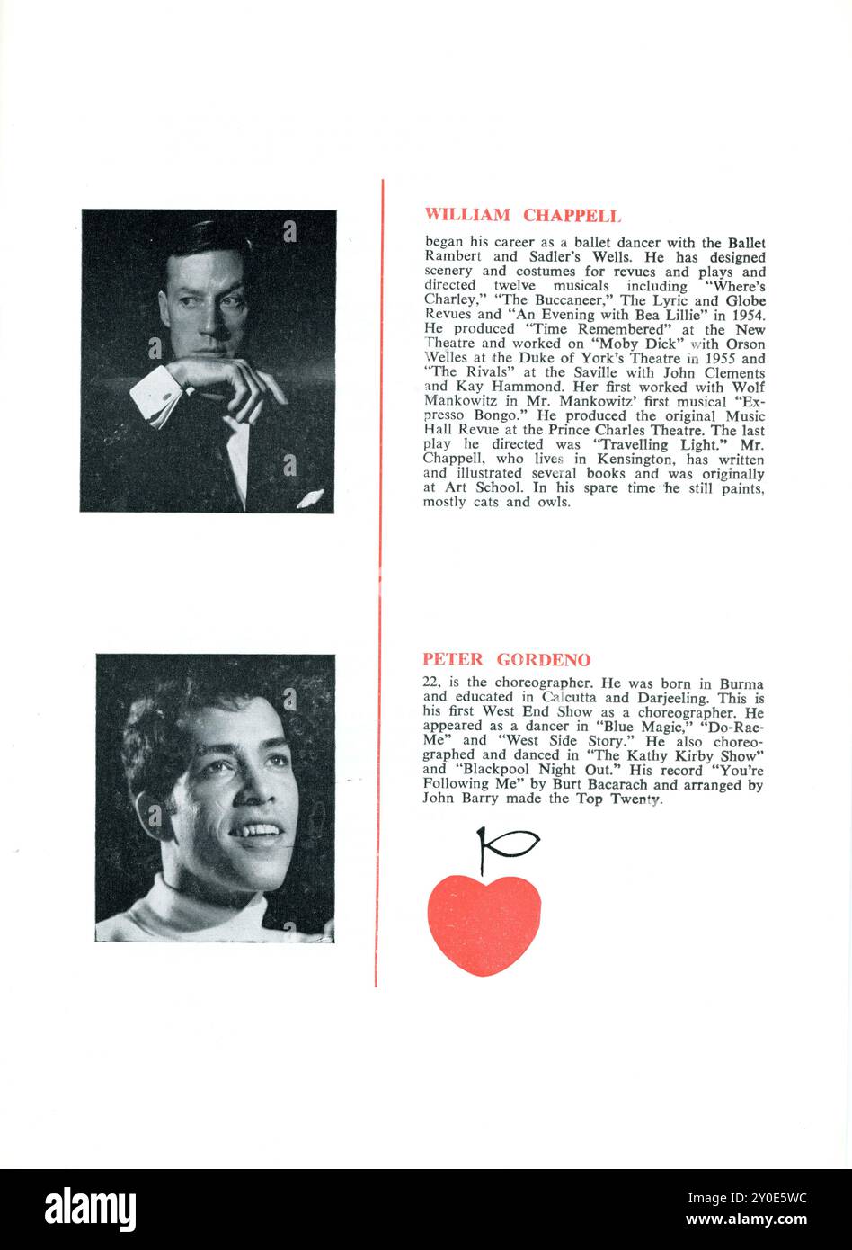 Informations sur le réalisateur / costumier WILLIAM CHAPPELL et le chorégraphe PETER GORDENO du programme pour JANE BIRKIN FRANCESCA ANNIS PAULINE COLLINS JEREMY CLYDE et NICKY HENSON dans PASSION FLOWER HOTEL Director / costumes WILLIAM CHAPPELL roman Rosalind Erskine livre Wolf Mankowitz musique John Barry paroles de Trevor Peacock présenté par Gene Gutowski au Prince of Wales Theatre, Coventry Street, Londres à partir du 24 août 1965 en 148 représentations Banque D'Images