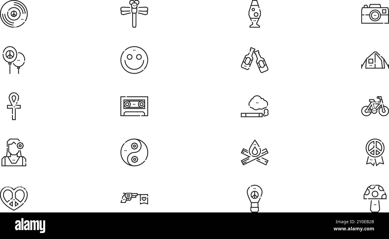 Hippies Icons Collection d'icônes vectorielles de haute qualité avec Stroke modifiable. Idéal pour les projets professionnels et créatifs. Illustration de Vecteur