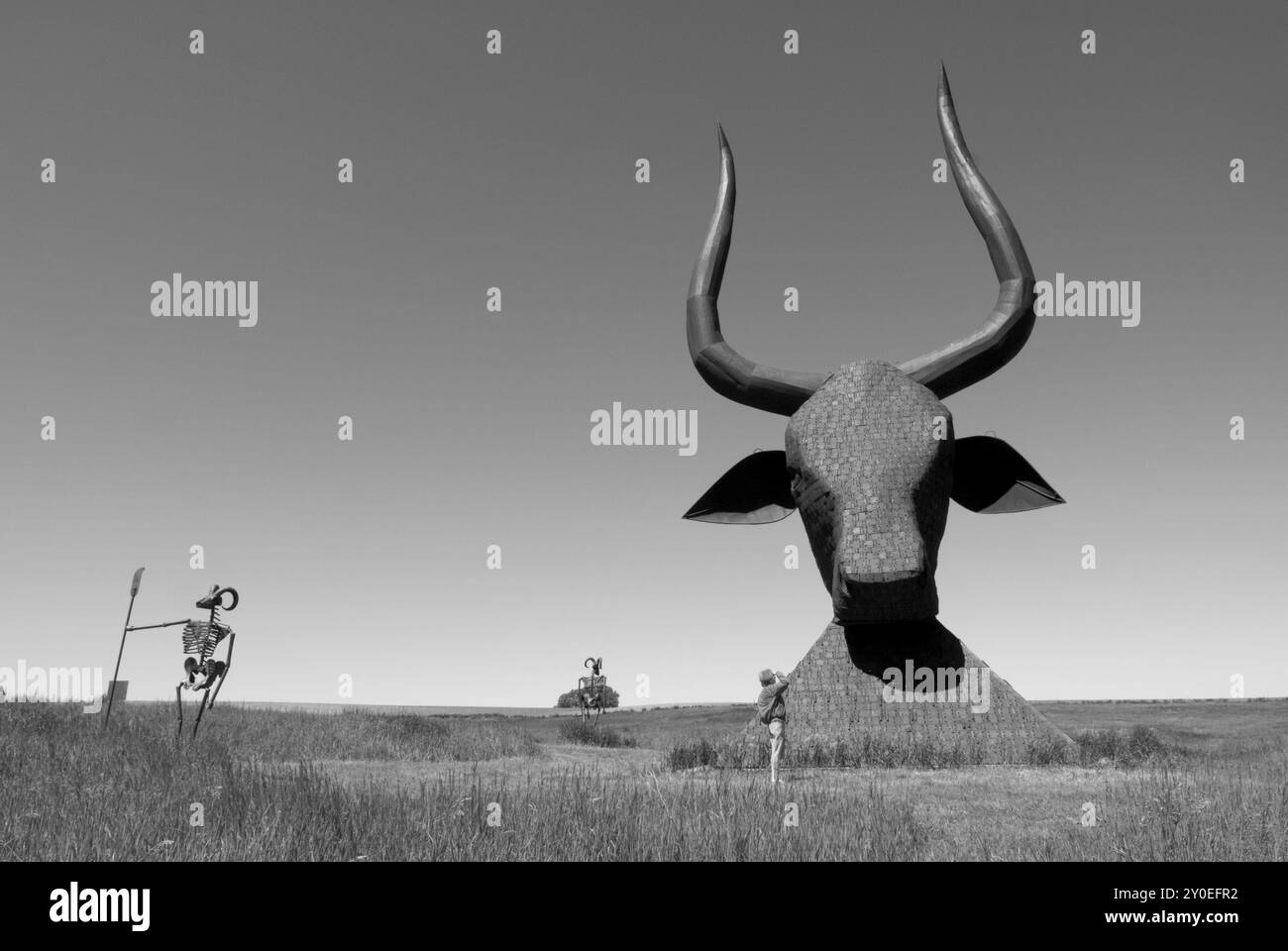 Femme caucasienne de 55 à 60 ans regardant la longhorn égyptienne éteinte au porter sculpture Park à Montrose, Dakota du Sud. Banque D'Images