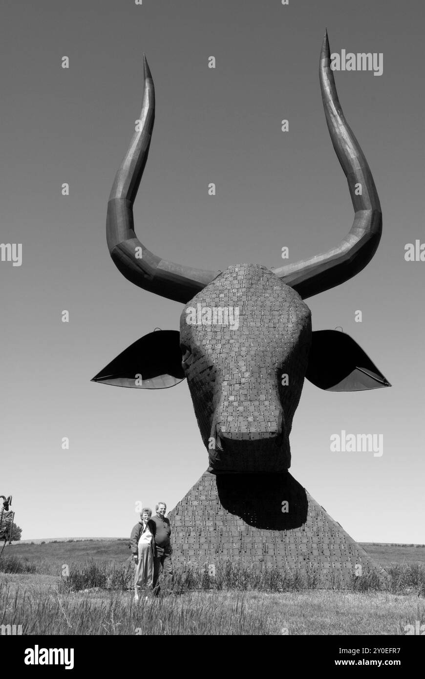 Couple caucasien de 55 à 60 ans observant la longhorn égyptienne éteinte au porter sculpture Park à Montrose, Dakota du Sud. Banque D'Images