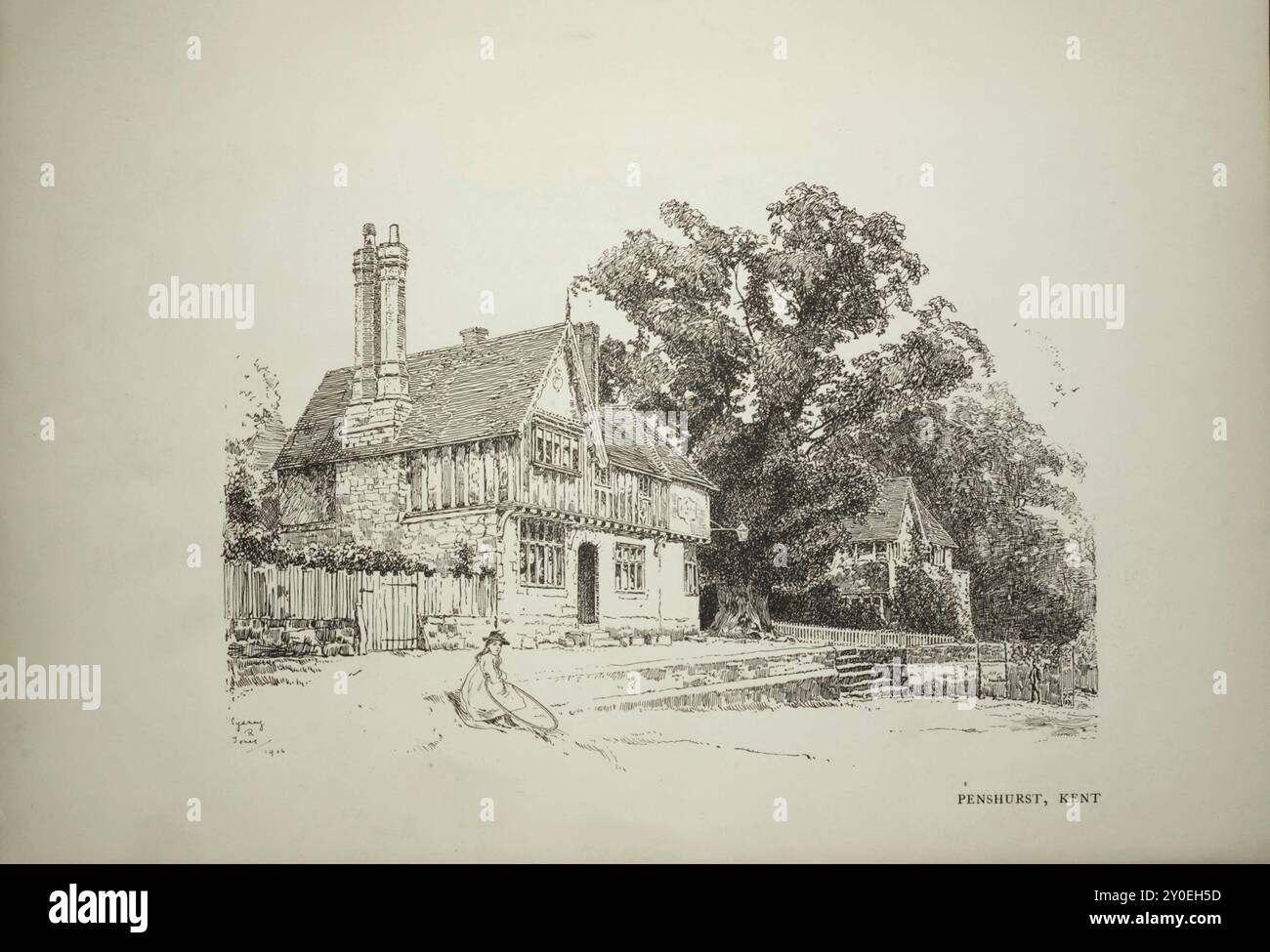 Vieilles cottages anglais. Illustration vintage de chalet à Penshurst, Kent. années 1900 Banque D'Images
