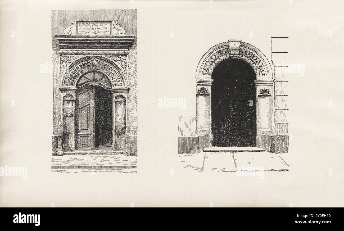 Photo vintage de Dresde. Fronton et les portes de vieilles maisons à Dresde. Allemagne. 1903 à gauche : Kleine Kirchgasse Nr. 5, à droite : Weissegasse Nr. 2 (les adresses sont pour 1903). Banque D'Images