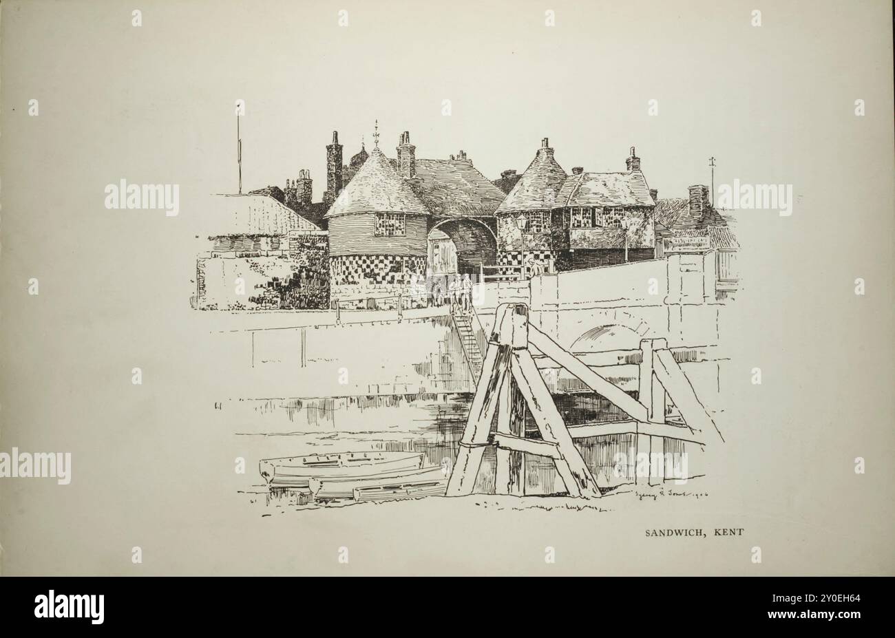 Vieilles cottages anglais. Illustration vintage de chalet à Sandwich, Kent. années 1900 Banque D'Images