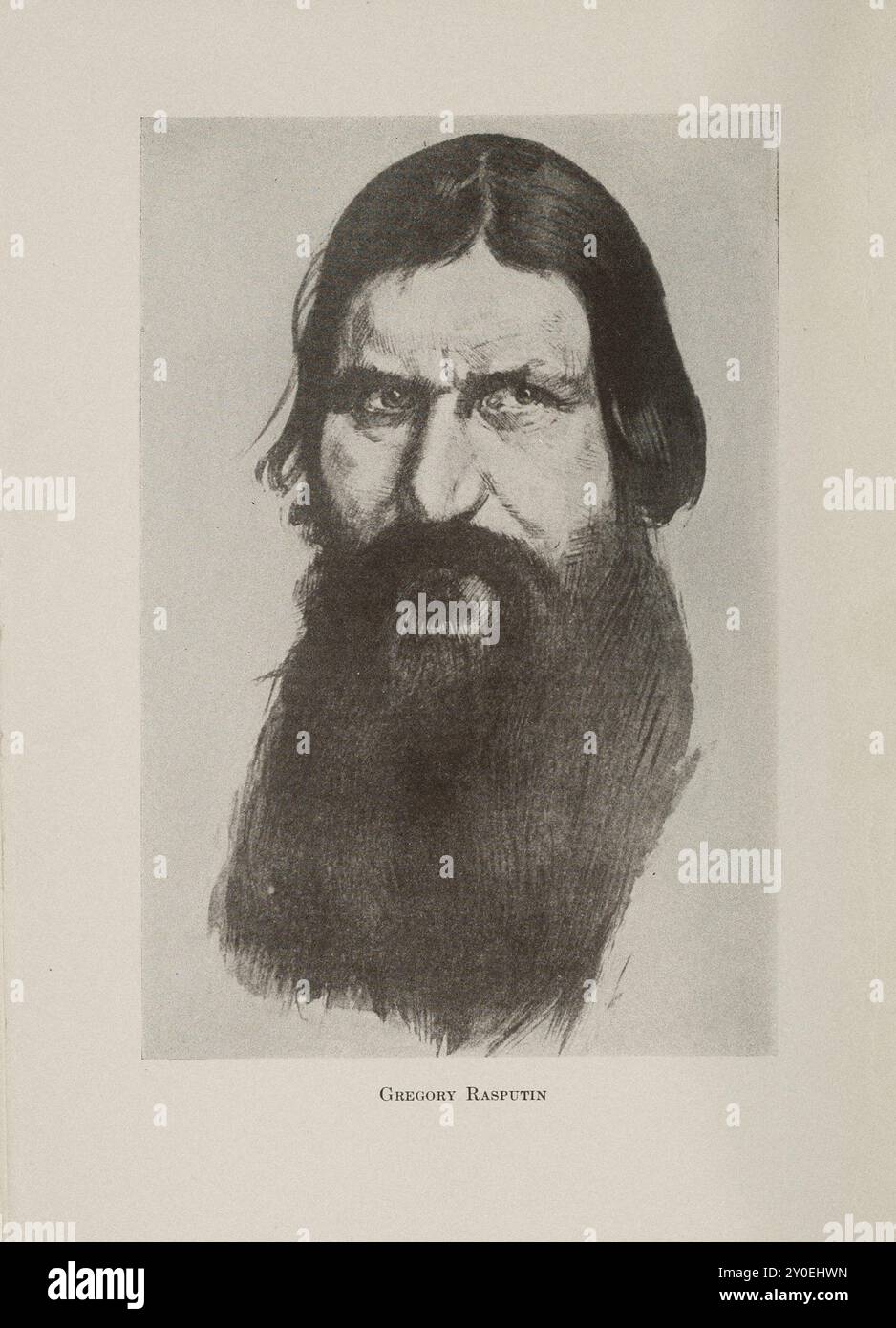 Gregory Raspoutine, le moine noir de Russie, Grigori Iefimovitch Raspoutine (1869-1916) était un mystique russe et guérisseur de foi. Il est surtout connu pour s'être lié d'amitié avec la famille impériale de Nicolas II, le dernier empereur de Russie, grâce auquel il a acquis une influence considérable dans les dernières années de l'Empire russe. Banque D'Images