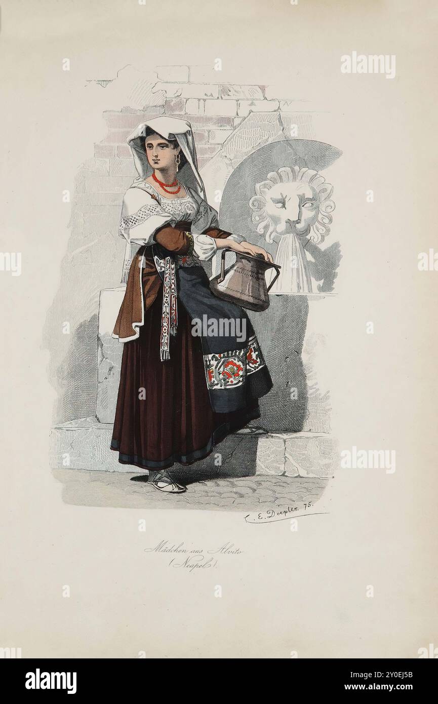 Costumes historiques et folkloriques d'Europe. Fille de Alvito (Naples). Allemagne. 1876-1878 notre dessin nous montre une jeune fille d'Alvito. La tête de notre figure est ombragée par le foulard décoré de façon pittoresque, qui est décoré aux extrémités inférieures avec des inserts tissés ajourés. Une chemise large décorée d'inserts ajourés sur la poitrine et les larges manches supérieures est entourée d'un corsage coloré, souvent garni d'or. Entre les parties supérieure et inférieure de la manche de la chemise, nous voyons une sorte de demi-manche de tissu rouge foncé, décoré à l'extrémité inférieure d'une bordure dorée. Une jupe grossière de CLO marron ou noir Banque D'Images