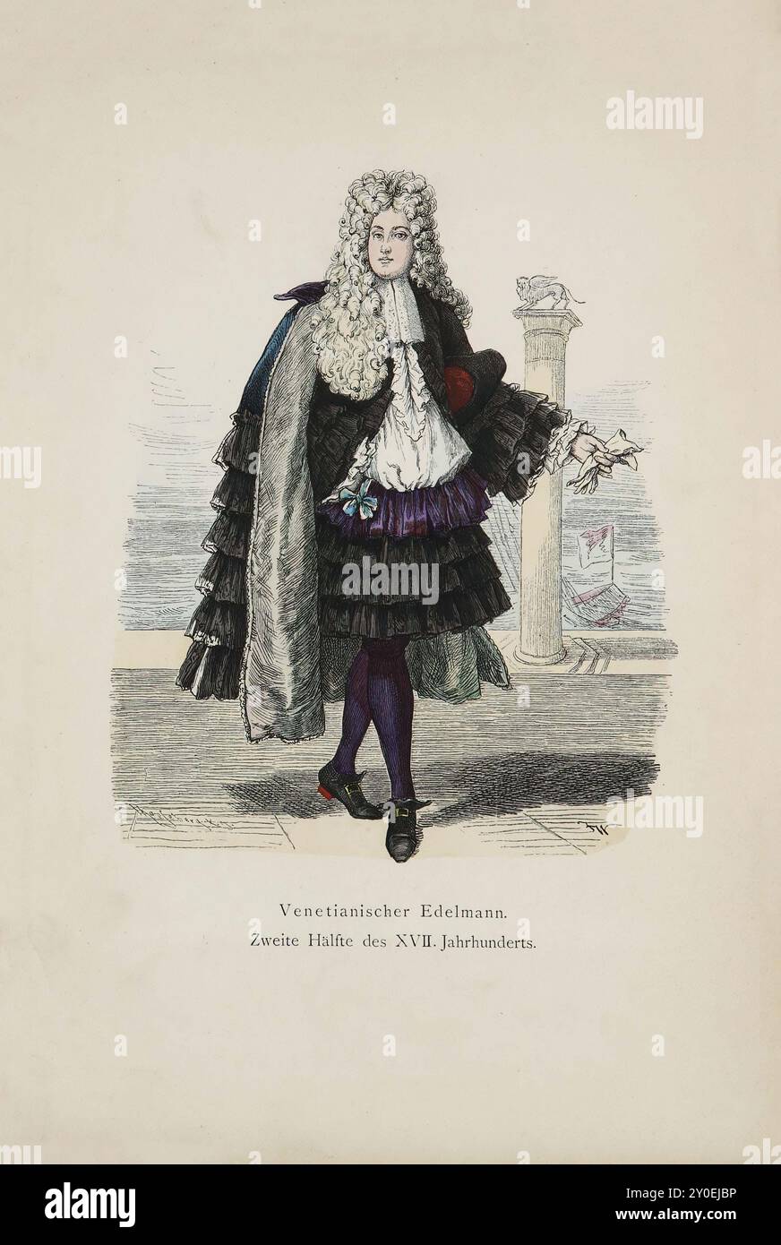 Costumes historiques et folkloriques d'Europe. Noble vénitien. Seconde moitié du XVIIe siècle. Rien ne rappelle autant la vieille Venise que le manteau sur son épaule, qui, en passant, est également devenu moderne avec sa bordure à revers et son pendentif en soie noire. Sous son bras, il a déjà un chapeau triangulaire : une grande allonge (perruque). La forme du collier a changé sous les ailes de perruque dissimulant en deux rabats suspendus sous le menton. Sur la poitrine, comme dans les derniers jours de la guerre de trente ans, la chemise est encore froissée et en surplomb, mais elle montre déjà les rudiments d'un jabot à volants pliés Banque D'Images