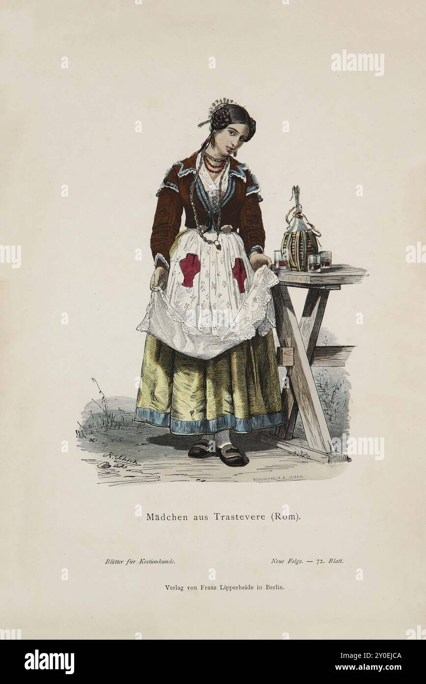 Costumes historiques et folkloriques d'Europe. Fille de Trastevere (Rome). Le costume montré ici est le plus semblable à celui des femmes albanaises, sauf que ces dernières choisissent généralement un tissu rouge pour la veste, sur lequel elles aiment mettre une écharpe en tulle à motifs, et ils coupent les extrémités des manches avec une large bande dorée. La veste est courte et serrée, de sorte que le corsage gris avec ses lacets rouge foncé peut être vu à l'avant, comme un bavoir en haut et comme une bande étroite en bas. Un tissu blanc de tablier de matière fine est enroulé autour du cou sous la veste de velours et caché dans le corsage Banque D'Images