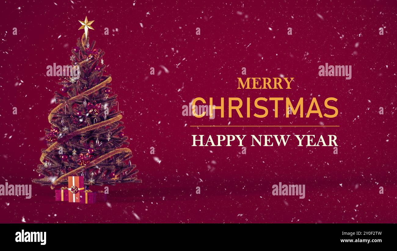 Joyeux fond de Noël avec arbre de Noël et chutes de neige, illustration de rendu 3D. Bonne nouvelle année toile de fond enneigée avec arbre de Noël décoré. Banque D'Images