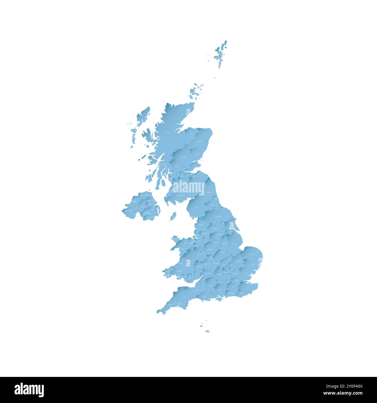 Royaume-Uni de Grande-Bretagne et d'Irlande du Nord carte politique des divisions administratives - comtés, autorités unitaires et Grand Londres en Angleterre, districts d'Irlande du Nord, zones de conseil d'Écosse et comtés, districts de comté et villes du pays de Galles. Carte vectorielle ombrée avec dégradé bleu 3D et étiquettes de nom Illustration de Vecteur