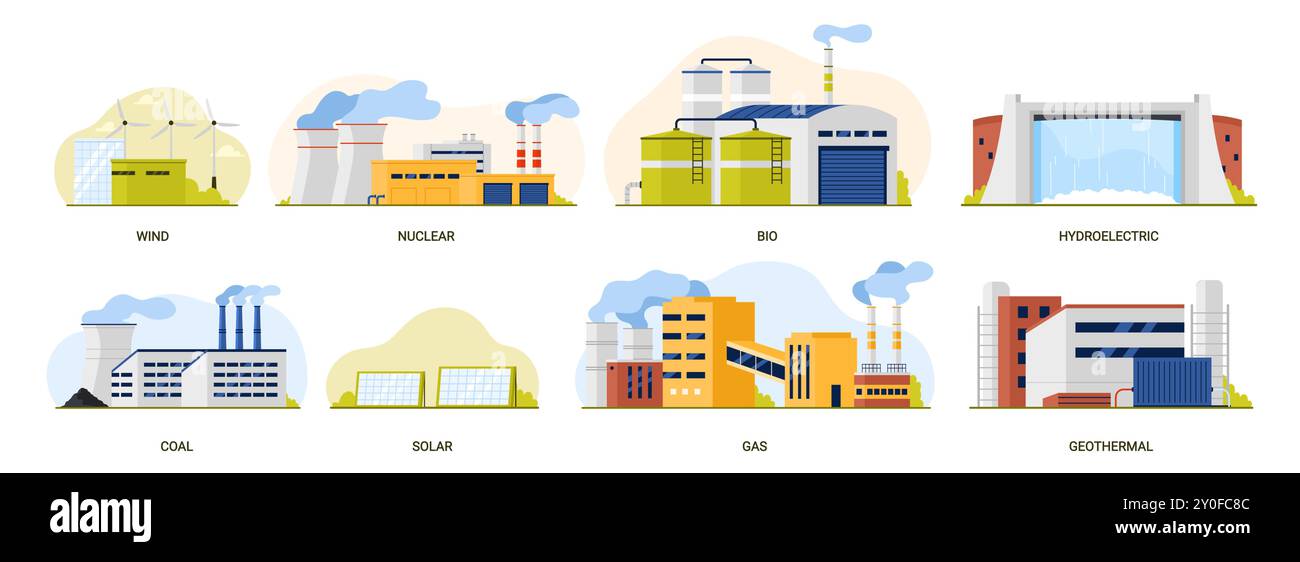 Types de centrales électriques définis pour la production d'énergie. Complexe éolien et photovoltaïque éco-durable avec panneaux solaires, centrale hydroélectrique et géothermique, nucléaire, usines de biomasse illustration vectorielle de dessin animé Illustration de Vecteur