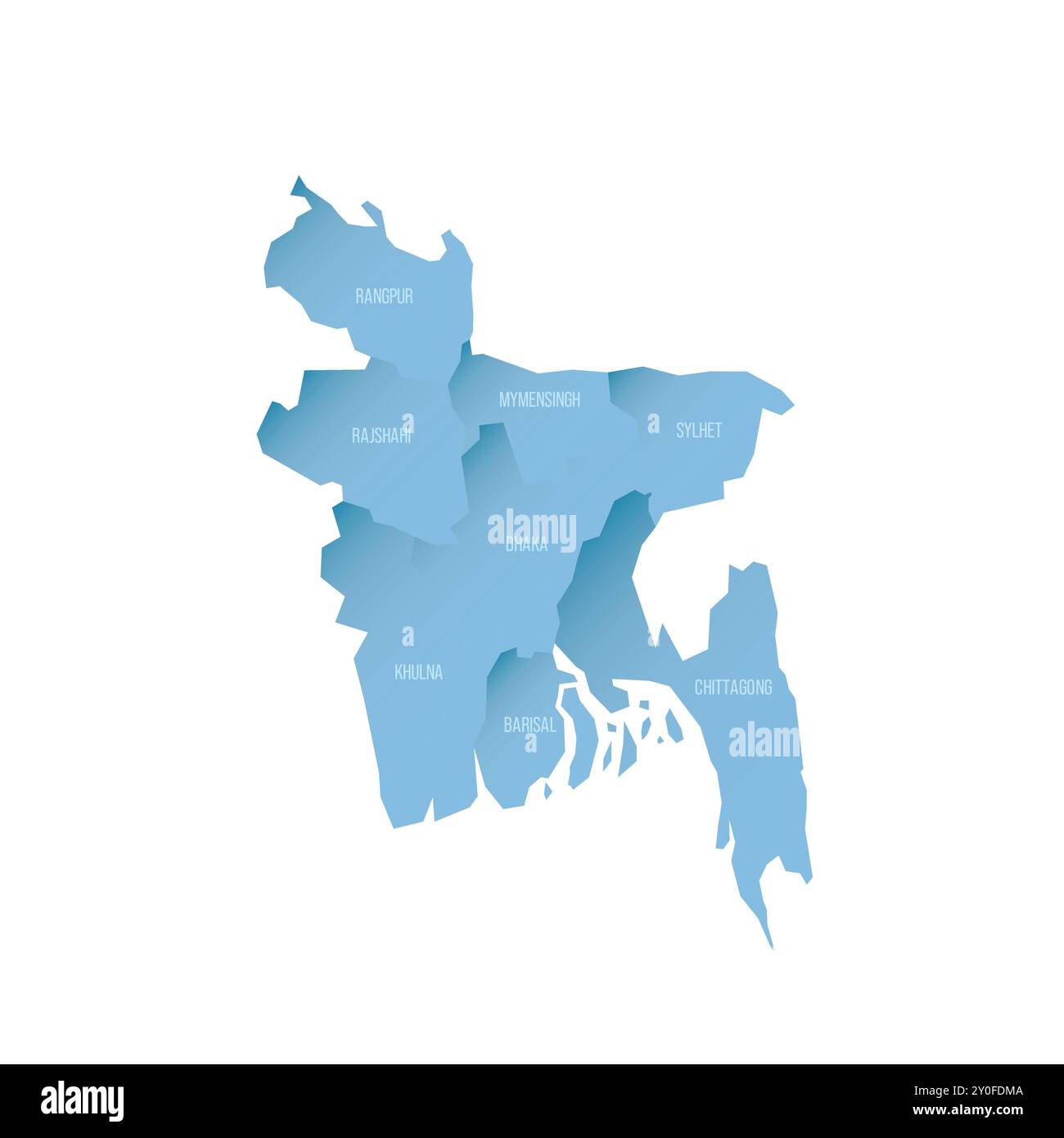 Bangladesh carte politique des divisions administratives - divisions. Carte vectorielle ombrée avec dégradé bleu 3D et étiquettes de nom Illustration de Vecteur