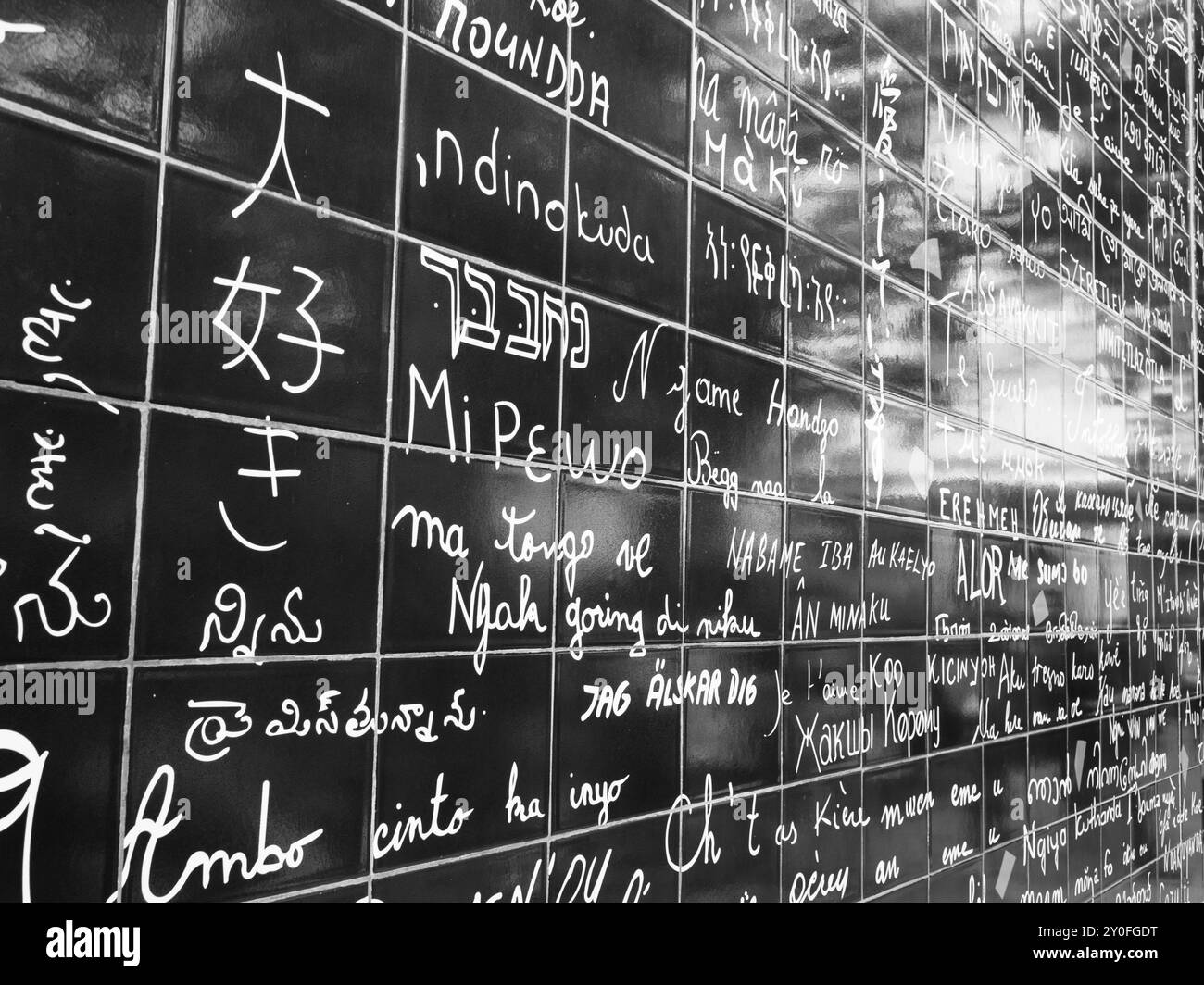 Noir et blanc, mur de je t'aime, Paris, Montmartre, Paris, France, Europe, UE. Banque D'Images