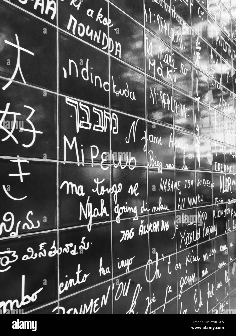 Noir et blanc, mur de je t'aime, Paris, Montmartre, Paris, France, Europe, UE. Banque D'Images