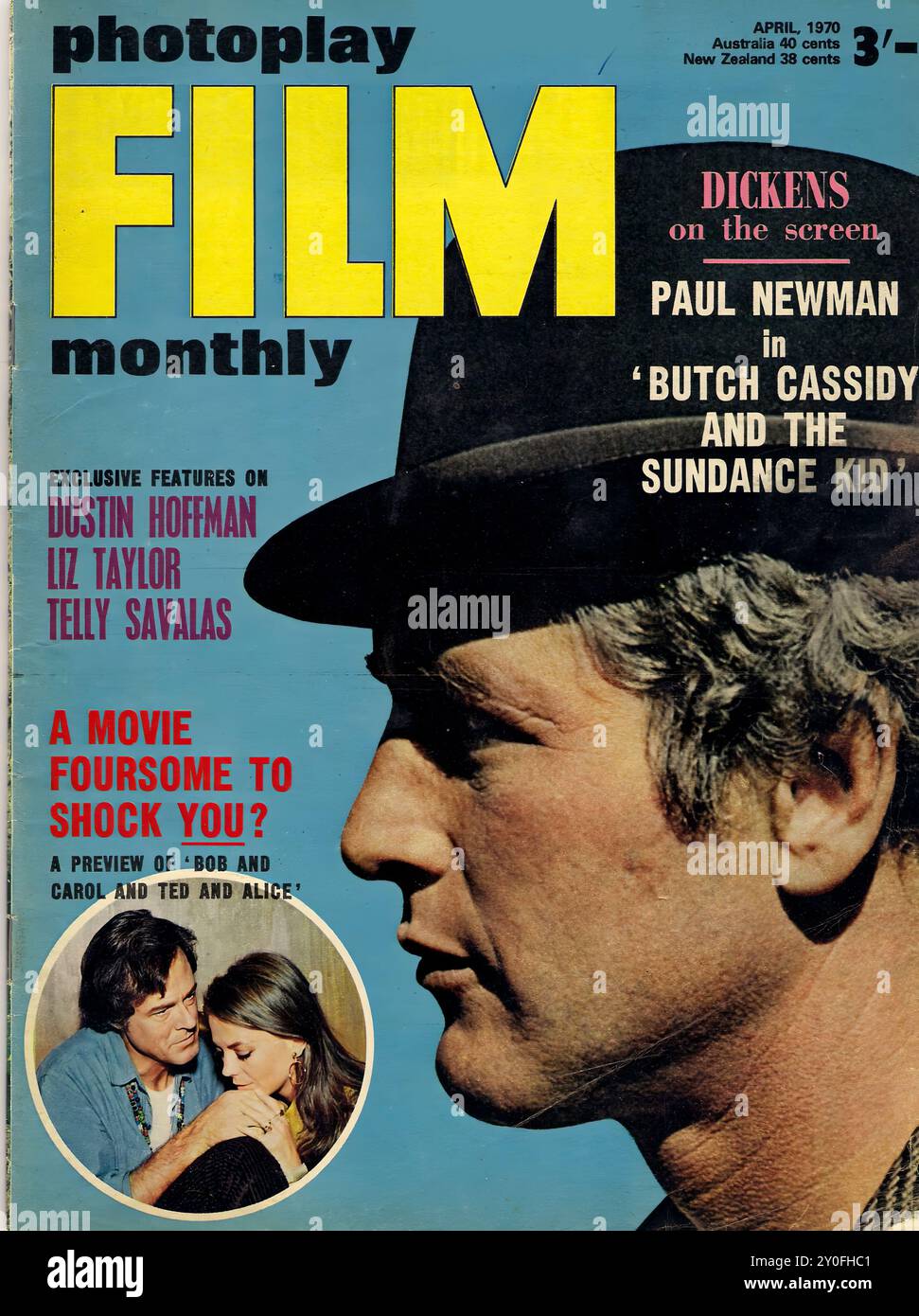 Photoplay film Monthly Avr 1970 - couverture du magazine Vintage - photographe inconnu - transcription de texte [ Photoplay ben BEI Kambing AVRIL, 1970 Australie 40 cents Nouvelle-Zélande 38 cents 3'- FILM sur l'écran mensuel PAUL NEWMAN dans 'BUTCH CASSIDY ET LE SUNDANCE KID' EXCLUSIVES SUR DUSTIN HOFFMAN LIZ TAYLOR TELLY SAVALAS Un FILM QUATUOR POUR VOUS CHOQUER? UN APERÇU DE 'BOB ET CAROL ET TED ET ALICE ] POUR USAGE ÉDITORIAL SEULEMENT ! Banque D'Images