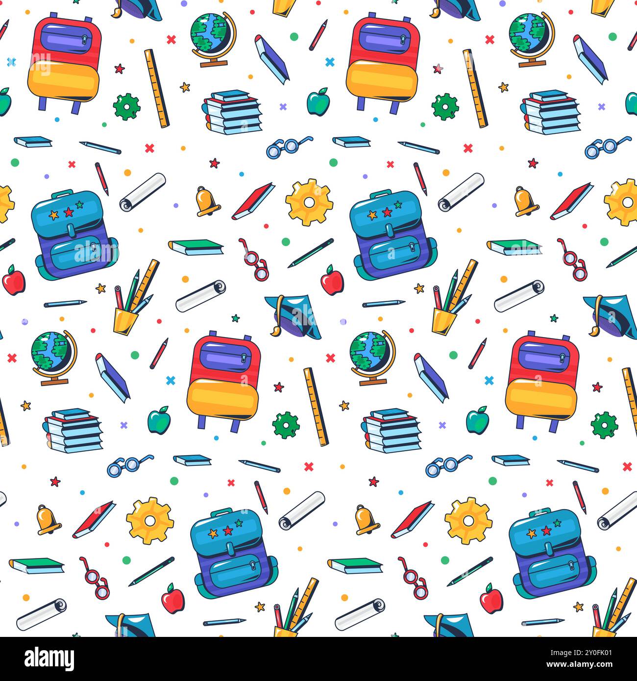Retour à l'école modèle sans couture avec des outils de doodle : crayon, livre, papier, sac, lunettes, pomme, stylo, chapeau de diplômé, cloche, globe, cahier et science i Illustration de Vecteur