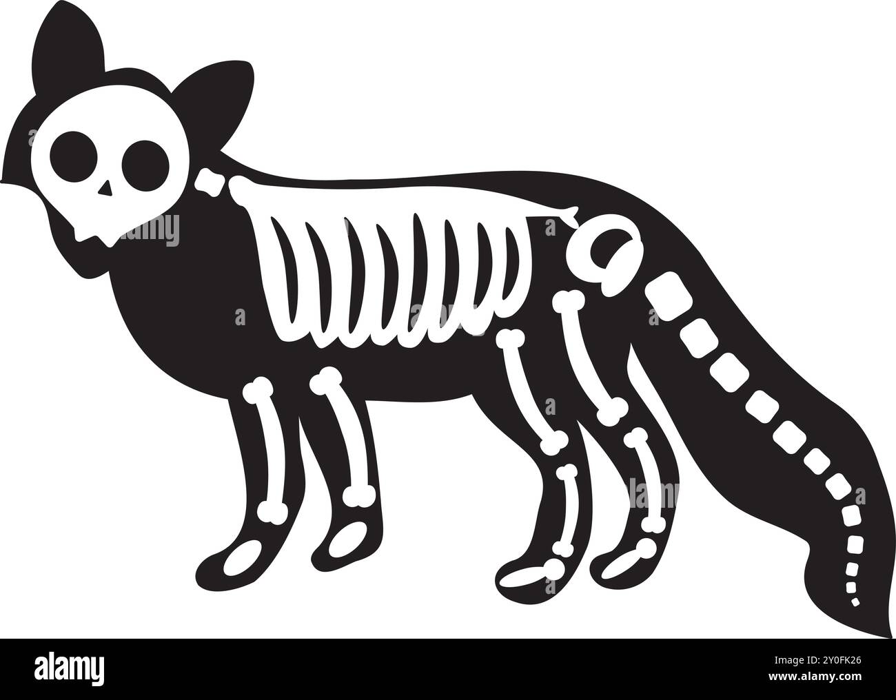 Silhouette Halloween animal renard curieux avec os squelette Roentgen, personnage effrayant de conte de fées. Contour d'ombre effrayant de renard curieux. Noir simple a Illustration de Vecteur