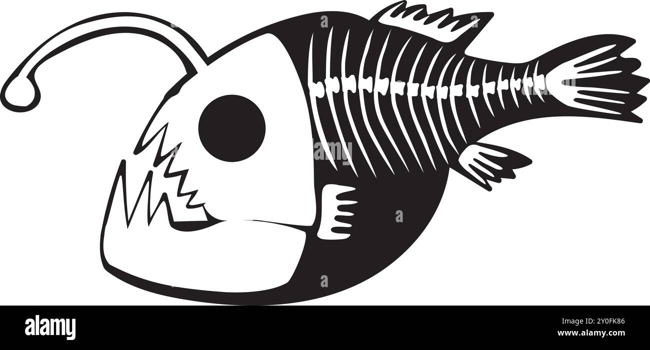 Silhouette Halloween pêcheur de poissons de mer profonde avec os de squelette de roentgen, personnage effrayant de conte de fées. Contour d'ombre effrayant de pêcheur de poissons de mer. Simple b Illustration de Vecteur