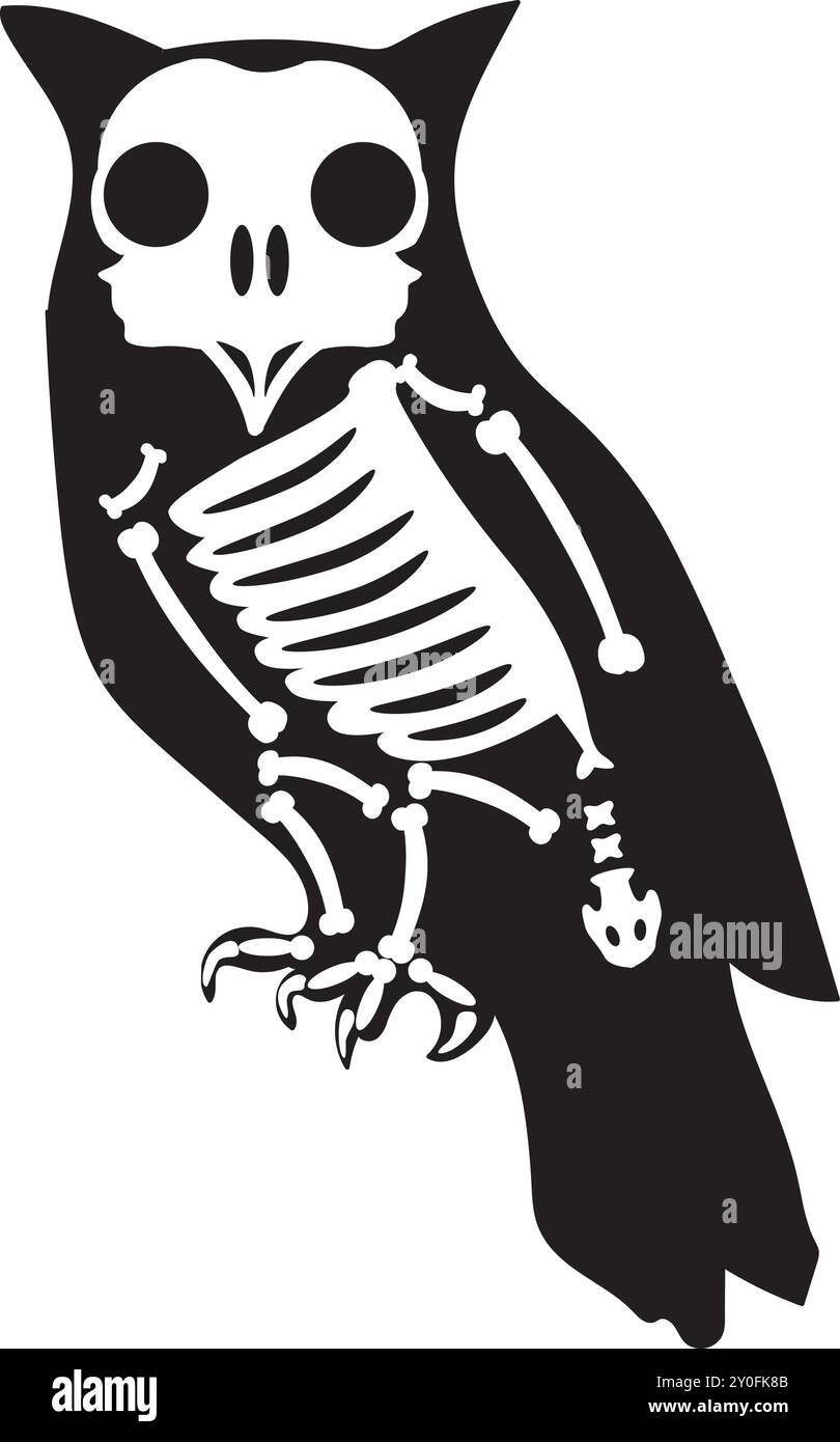 Silhouette Halloween oiseau hibou assis avec os squelette Roentgen, personnage effrayant de conte de fées. Contour d'ombre effrayant d'oiseau hibou assis. Blac simple Illustration de Vecteur