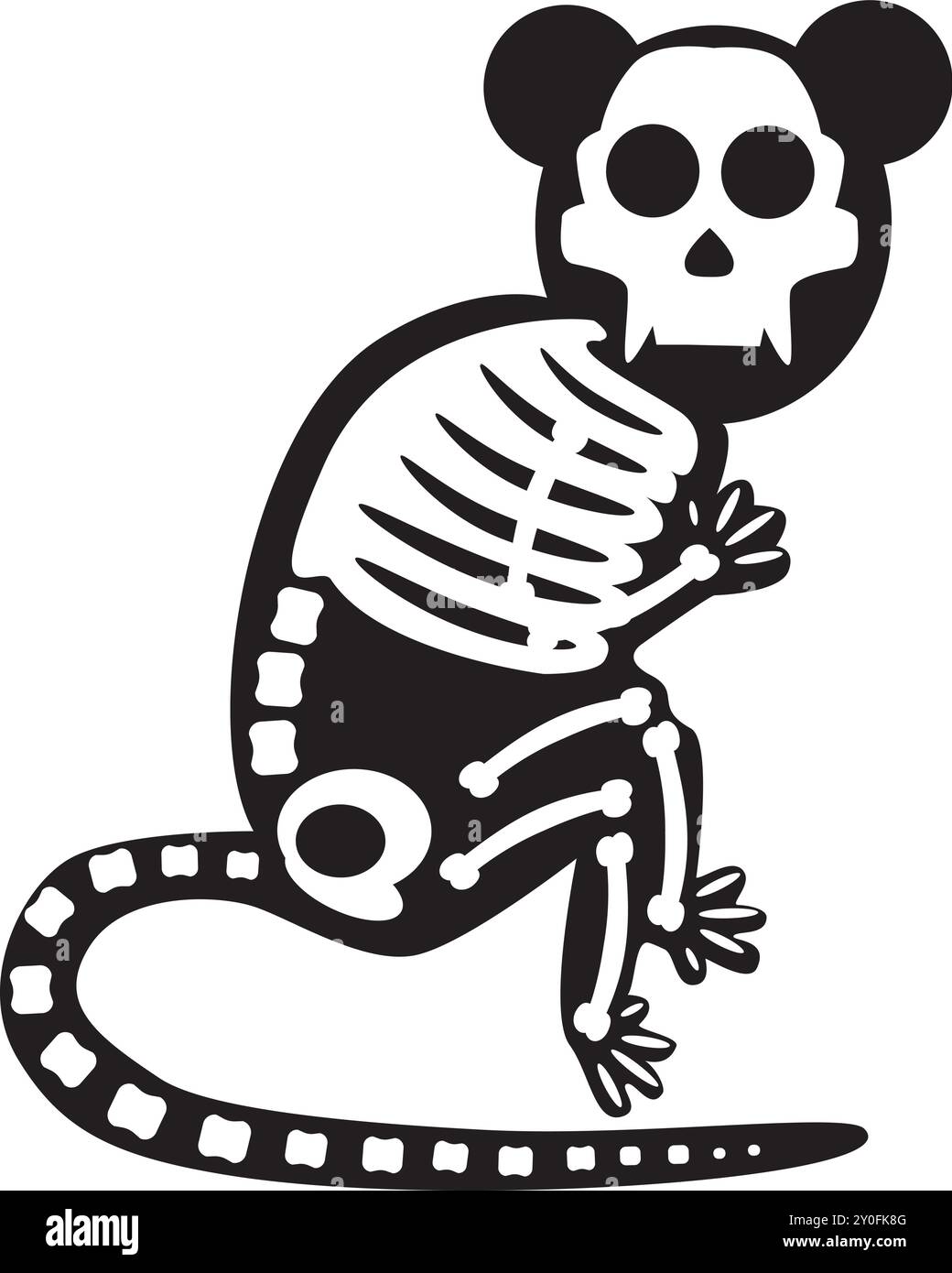 Silhouette Halloween petite souris avec os squelette roentgen, personnage effrayant de conte de fées. Contour d'ombre effrayant de la petite souris. Noir simple et wh Illustration de Vecteur