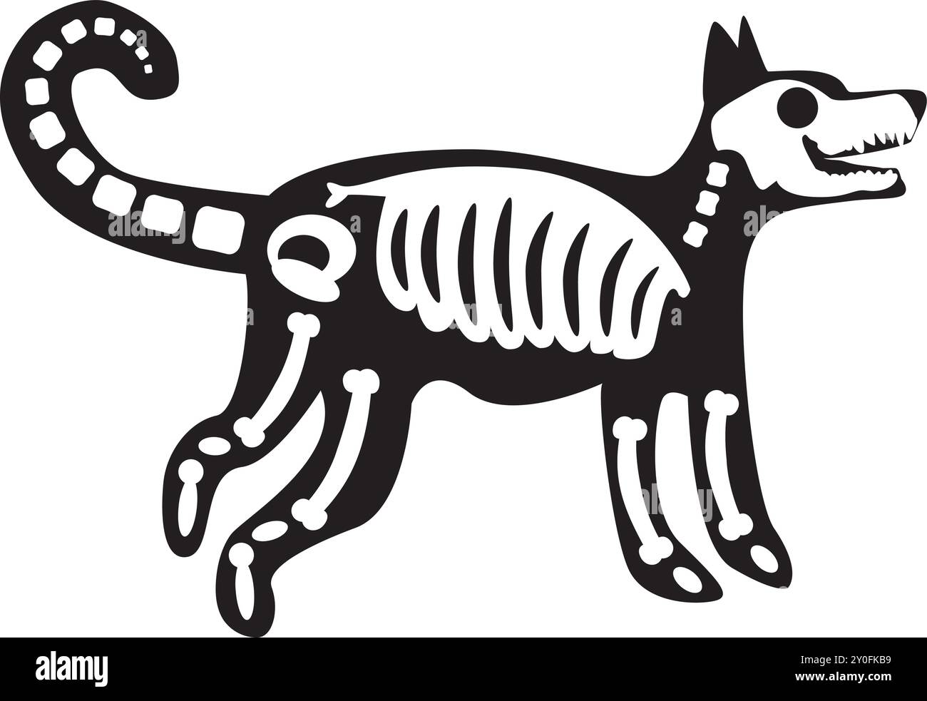 Silhouette Halloween chien en colère avec des os de squelette roentgen, personnage effrayant de conte de fées. Contour d'ombre effrayant de chien en colère. Simple VE noir et blanc Illustration de Vecteur