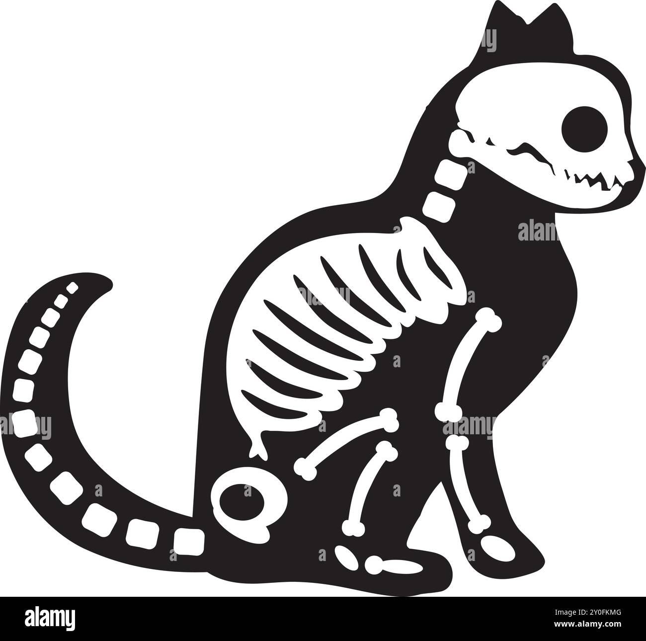 Silhouette Halloween assis petit chaton avec os squelette Roentgen, personnage effrayant de conte de fées. Contour d'ombre effrayant de chaton assis. Simple b Illustration de Vecteur